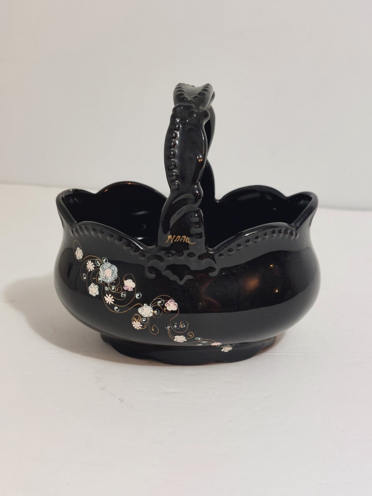 Small Black Basket Ceramic with Lovely Hand Painted  Flowers Candy Dish