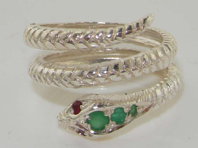 Fabulous Solid 925 Sterling Silver Natural Emerald & Ruby Detailed Snake Ring