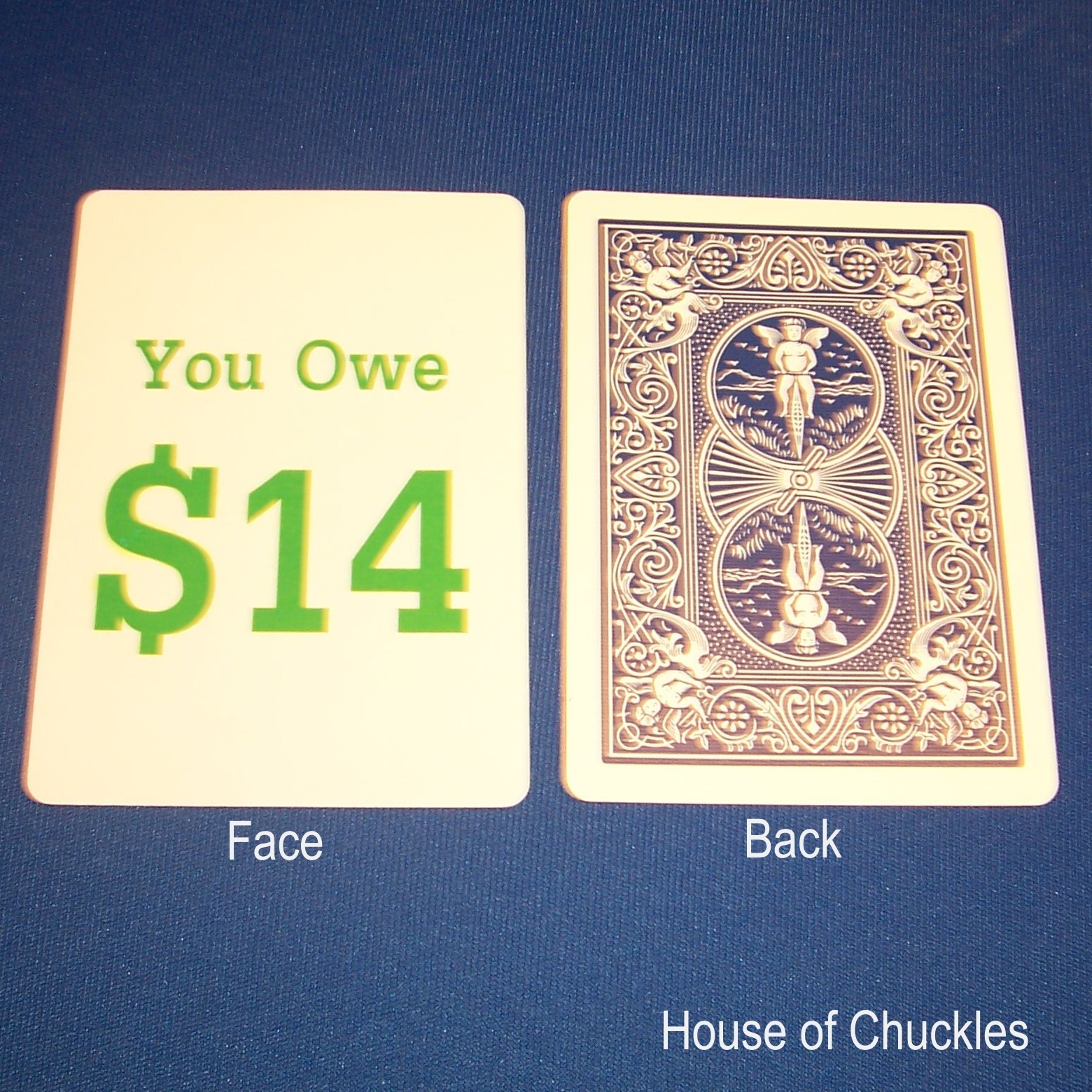 You Owe $14, Bicycle Custom Printed Gaff Card, Blue