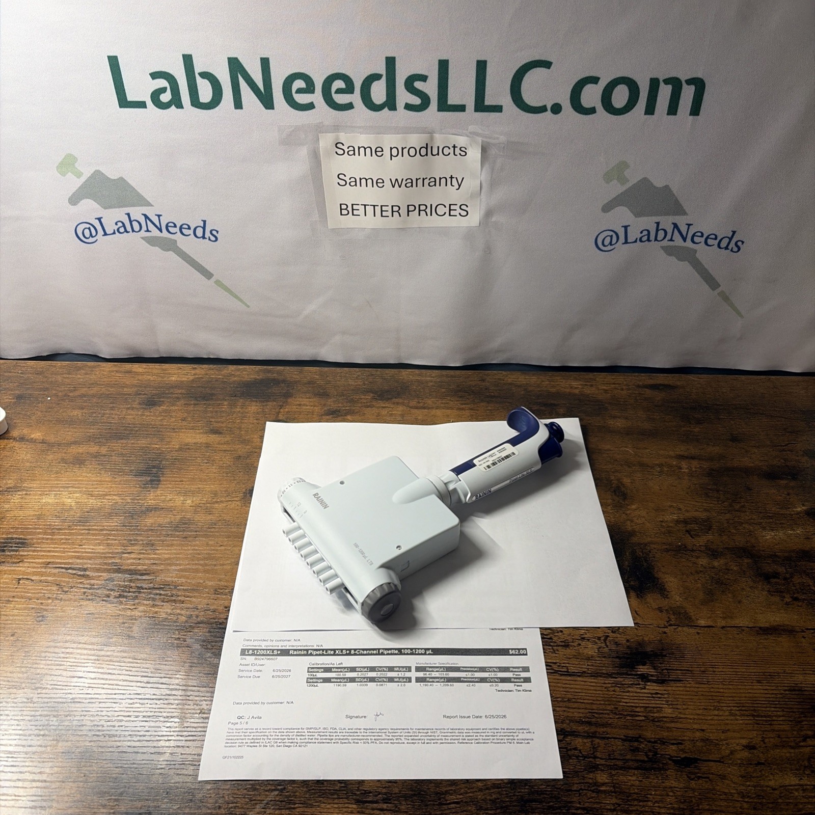 Rainin Pipet-Lite XLS+ L-1200 8-Channel Pipette 100-1200µL LTS Cal May 2026