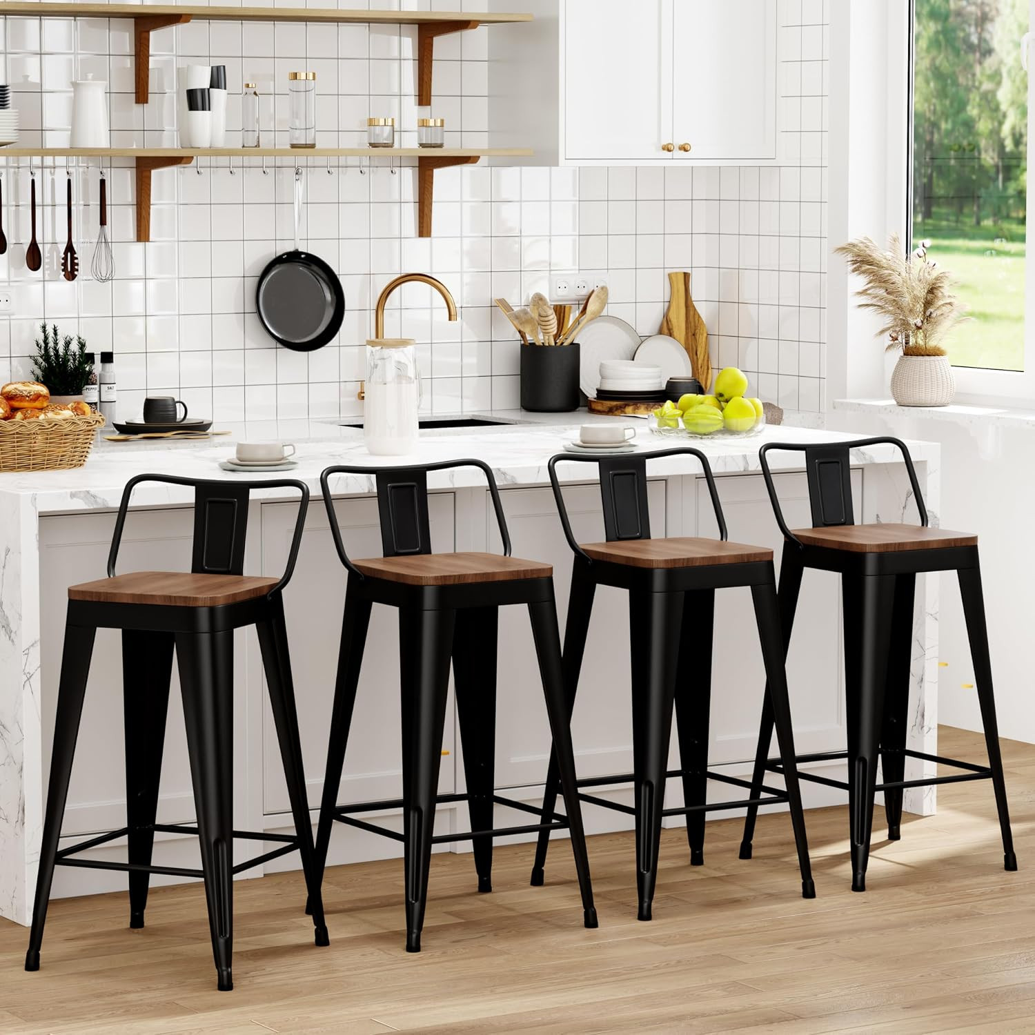 Metal Bar Stools Set of 4 Counter Height Barstools with Removable Back 26" Kitch