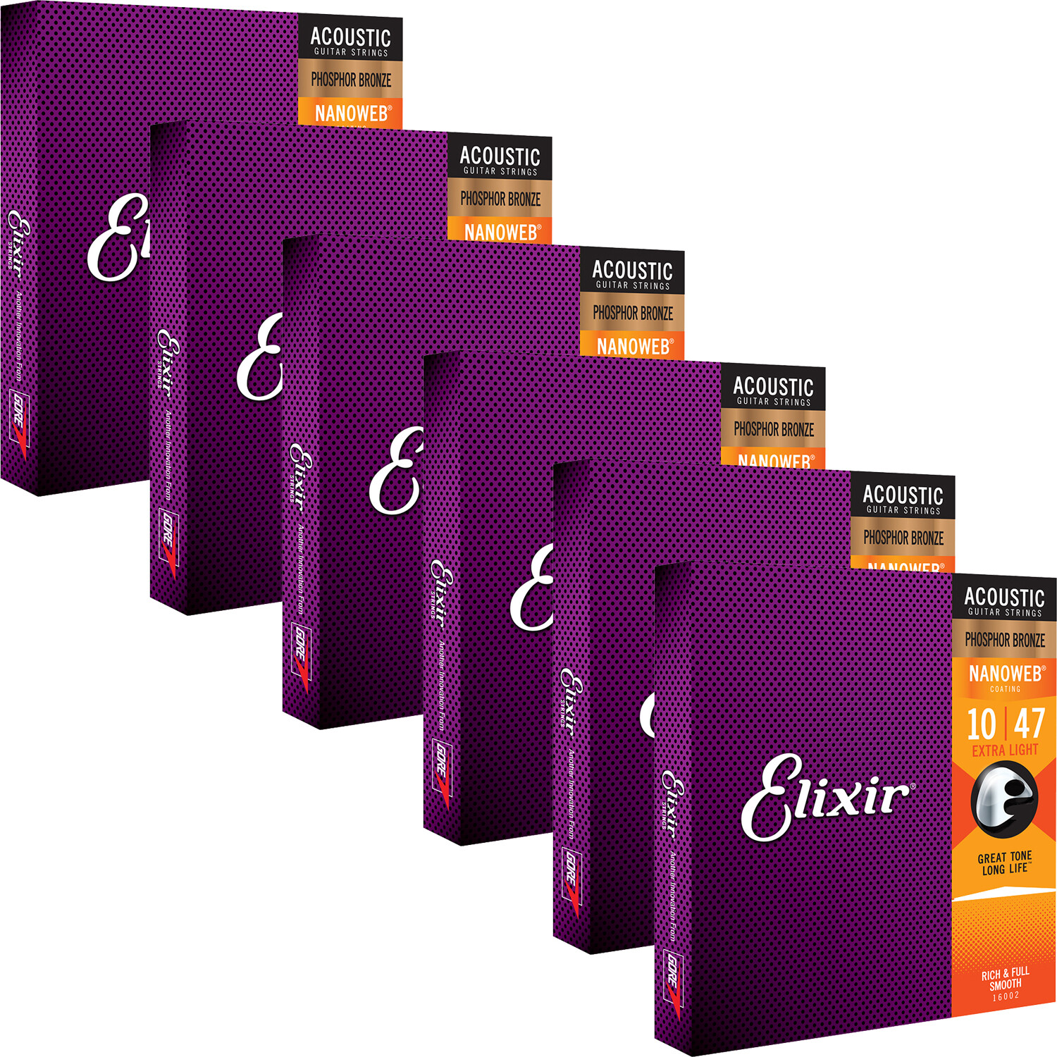 6 Sets Elixir 16002 NANOWEB Phosphor Extra Light Acoustic Guitar Strings 10-47