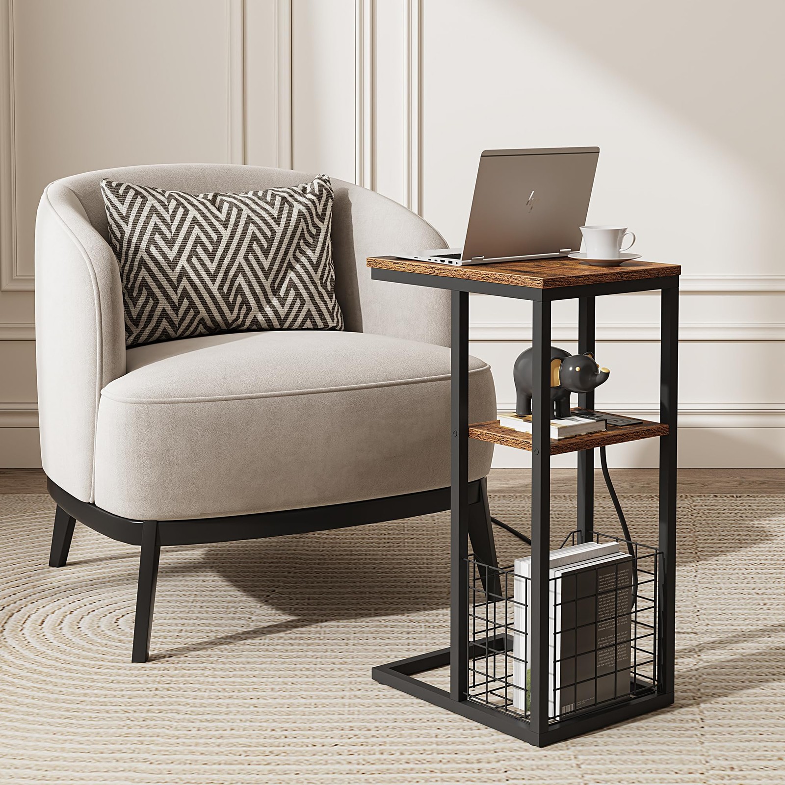 C Shaped End Table Charging Station Side Couch 28 Inch High Rustic Brown