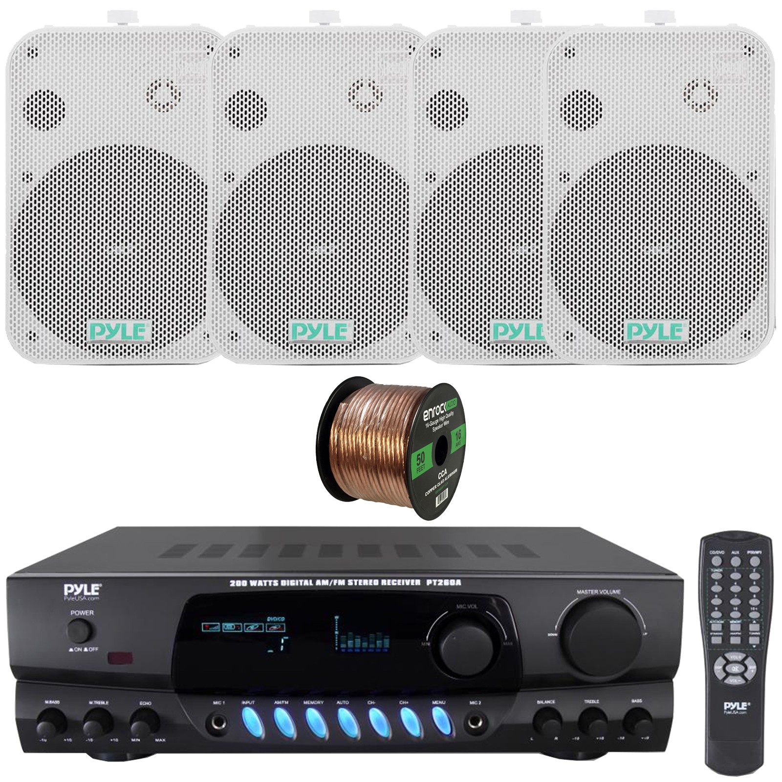 Pyle Audio Digital Screen Receiver, 4x 6.5" 500W Waterproof White Speakers, Wire