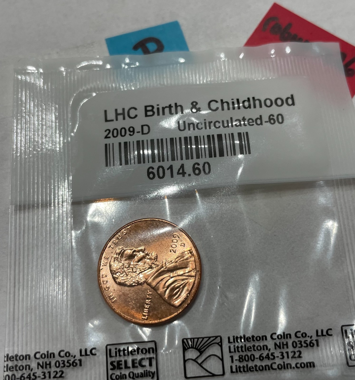 2009 Lincoln Penny coin, D mint, Uncirculated, "Birth and Childhood"