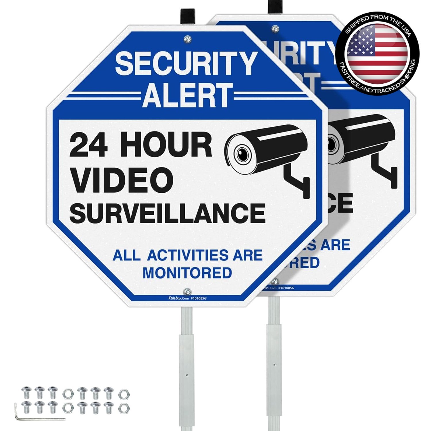 Aluminum Video Surveillance Signs - 2-Pack 10"x10" with 42" Heavy Duty Stakes