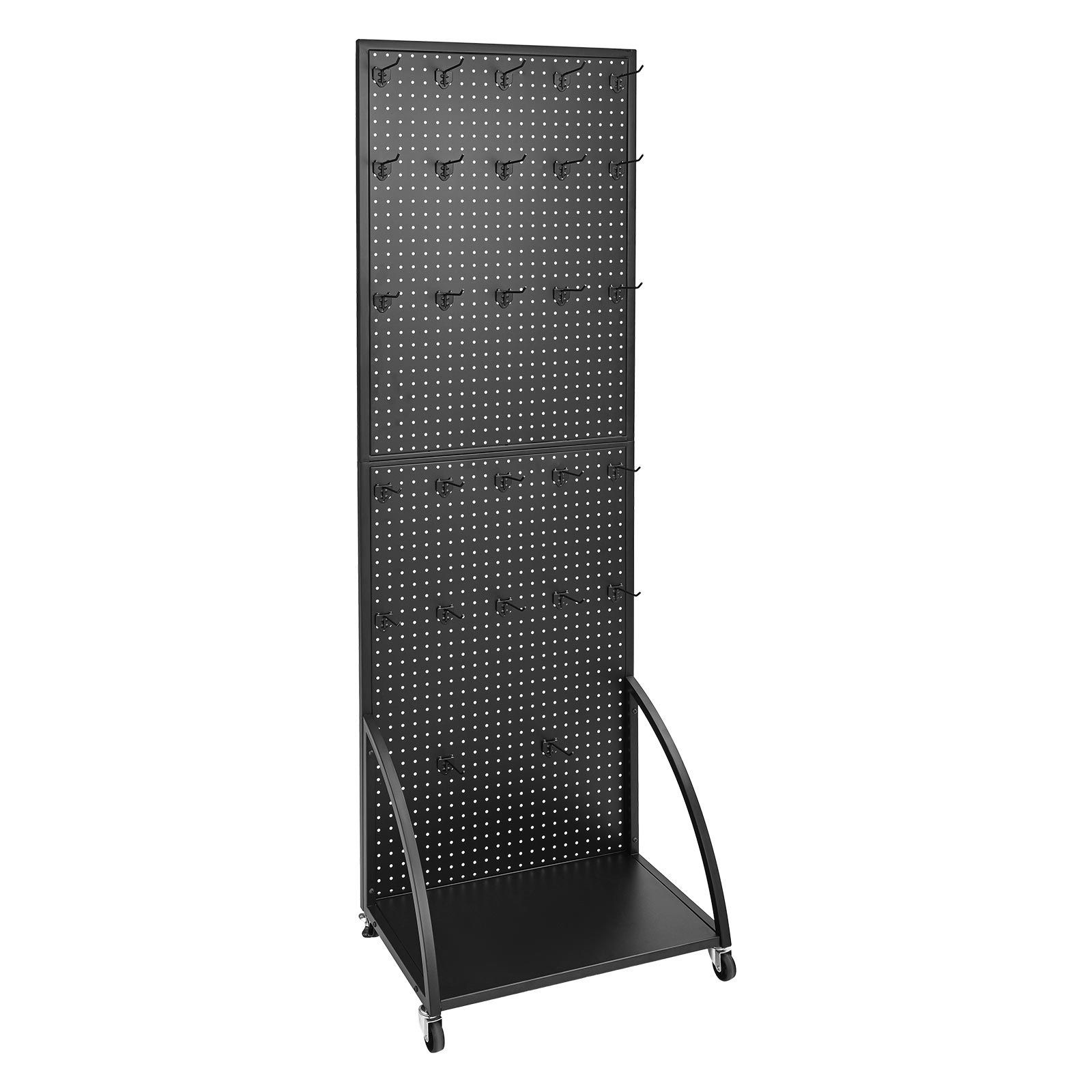 66in Black Steel Pegboard Display with Casters, 30 Hooks