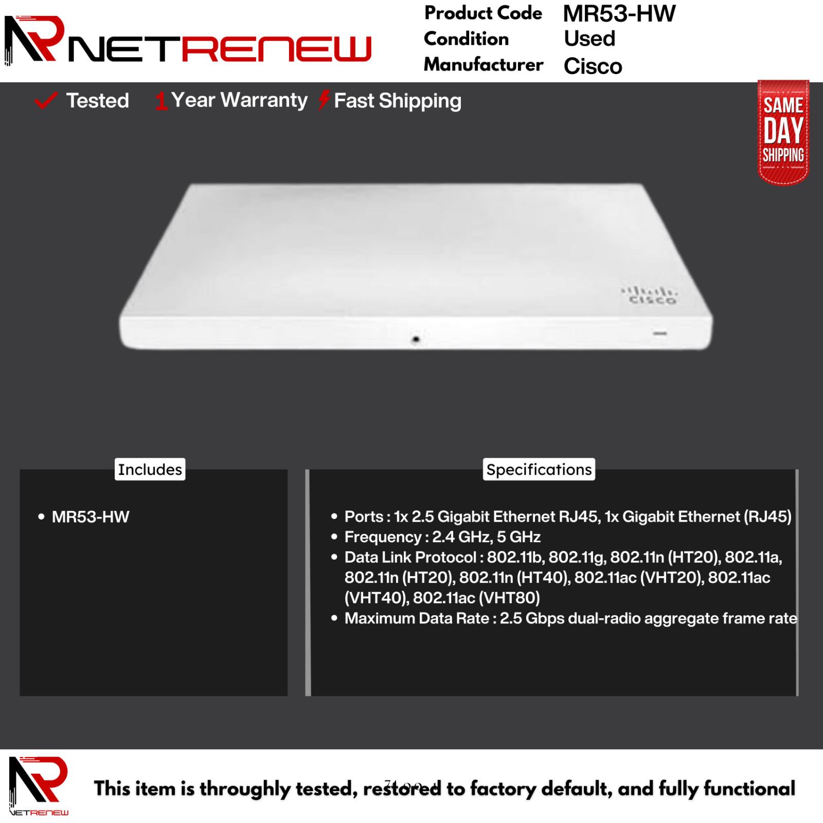Unclaimed  MR53-HW Cisco Meraki  Wireless Access Point