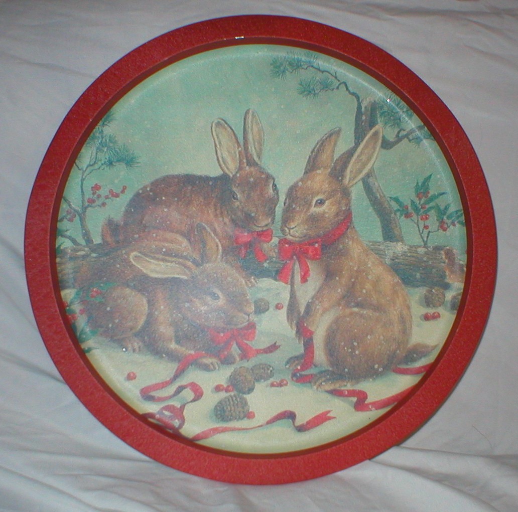 WINTER BUNNY METAL PLATTER 13" ROUND SOLD AS IS