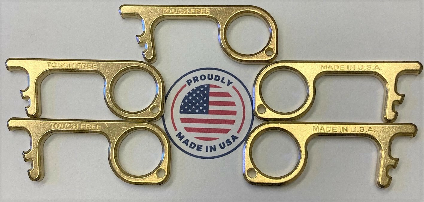 5PK TOUCH FREE GERM KEY DOOR / BOTTLE OPENER *MADE IN U.S.A* BRASS Keychain