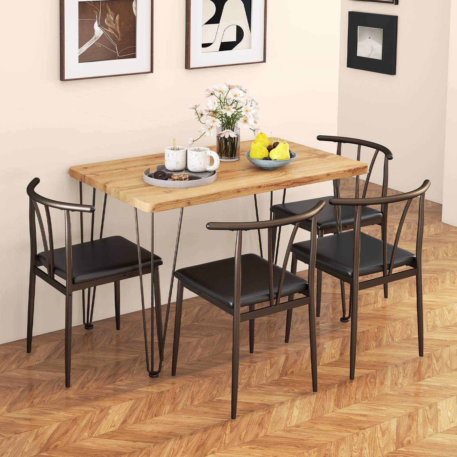 Rectangular Kitchen Table and 4 Armless Chairs w/ Upholstered Seat, Spindle Back