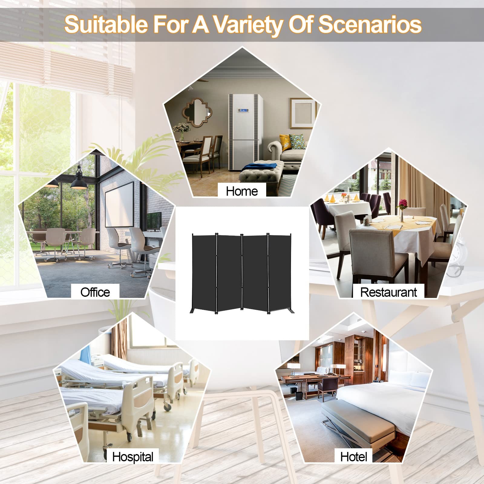 MAYOLIAH 4 Panel Room Divider Screen 6Ft Tall Foldable Privacy 4 Panel, Black