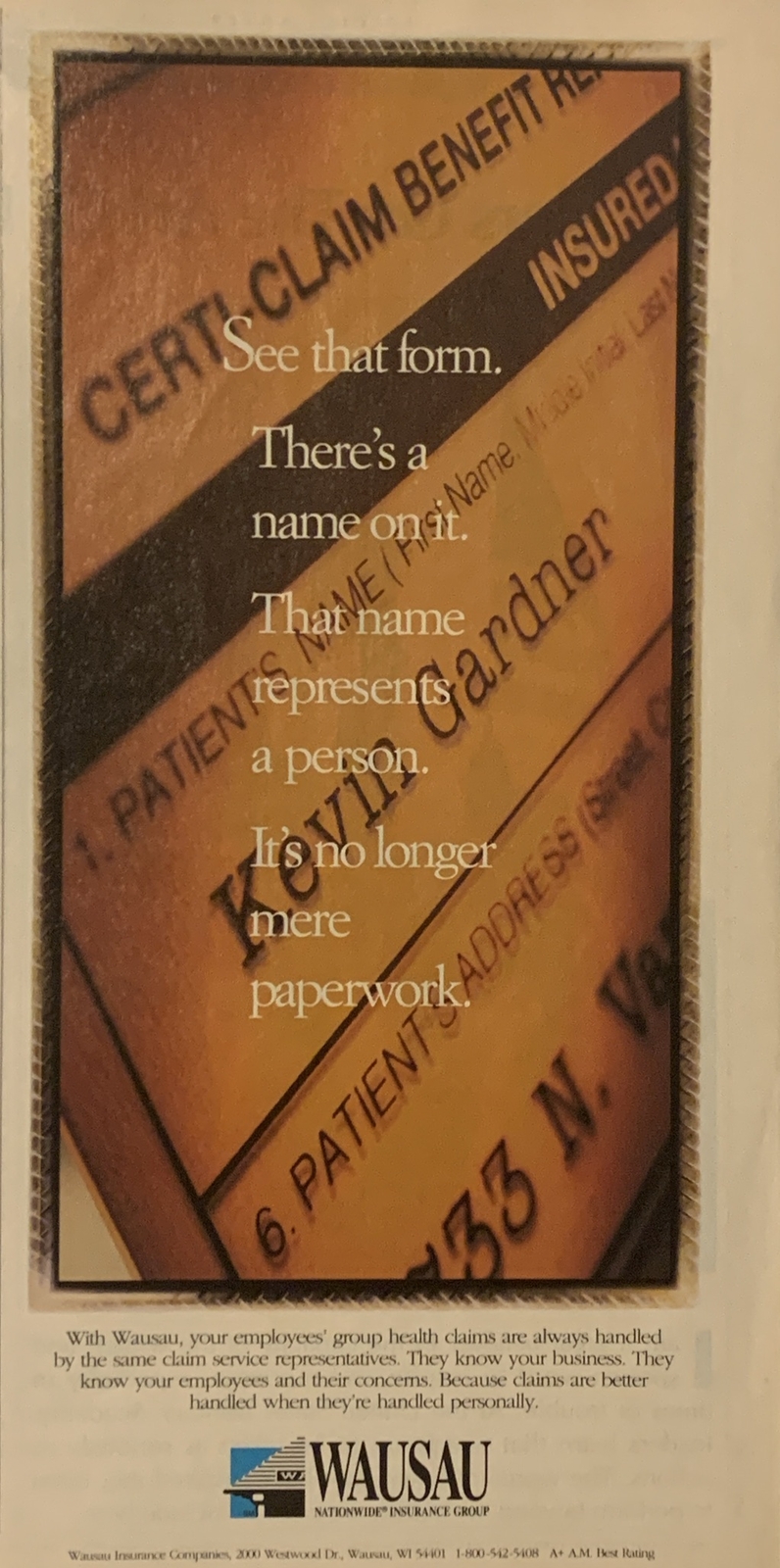 1993 Wausau Insurance PRINT AD Kevin Gardner - Name Represents Person VTG 1990s
