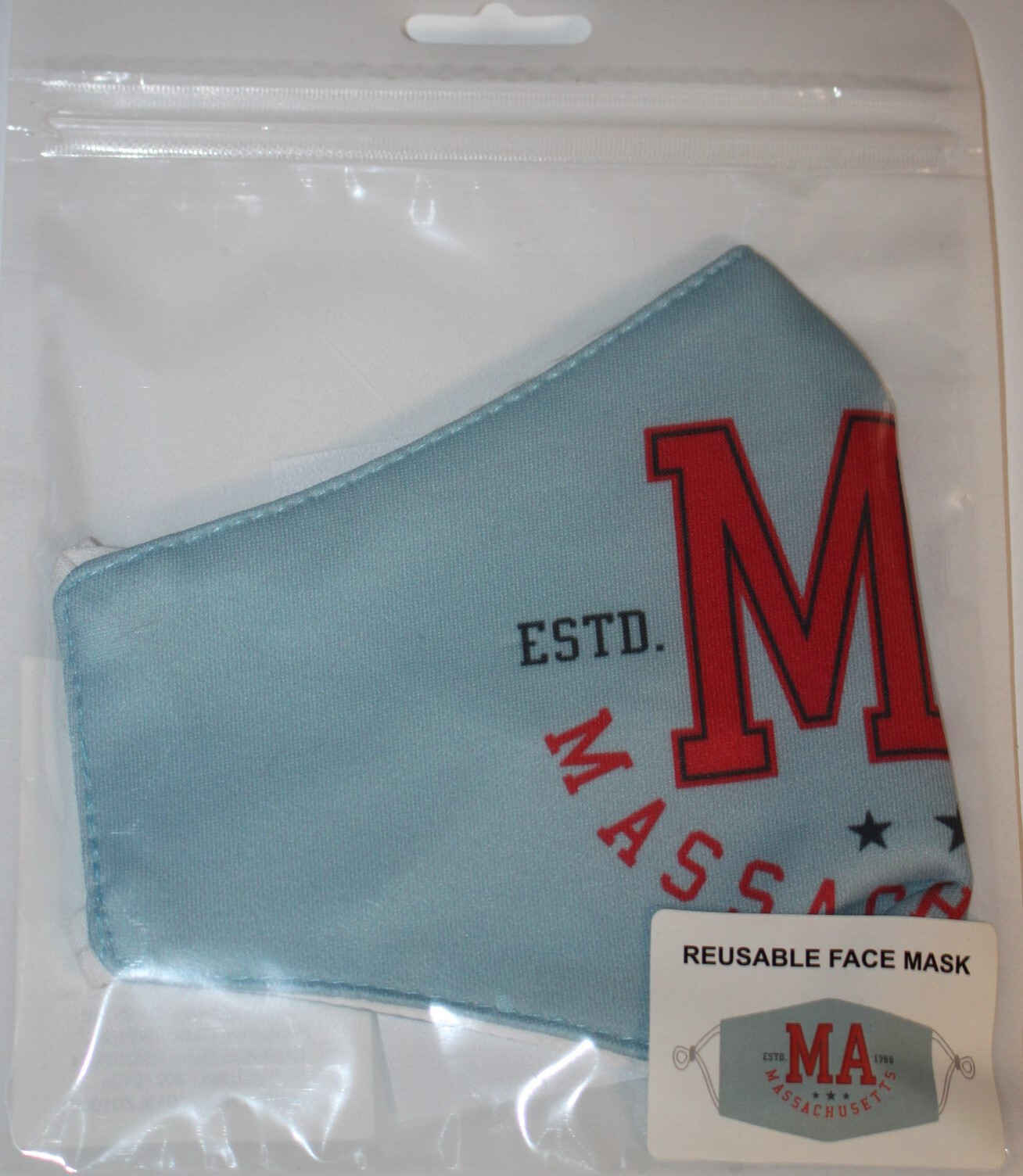 Massachusetts "M" Logo Lite Blue Unisex 2-Layer Reusable Face Mask - NEW SEALED