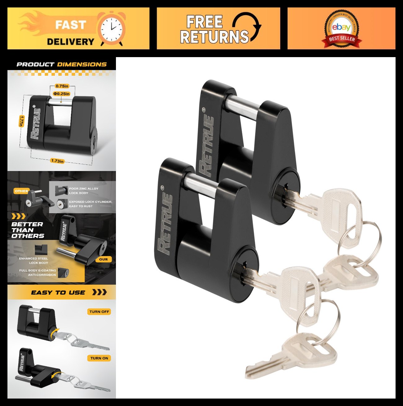 Heavy-Duty Trailer Coupler Lock Set, Keyed Alike Hitch Locks, Anti-Theft, Weathe