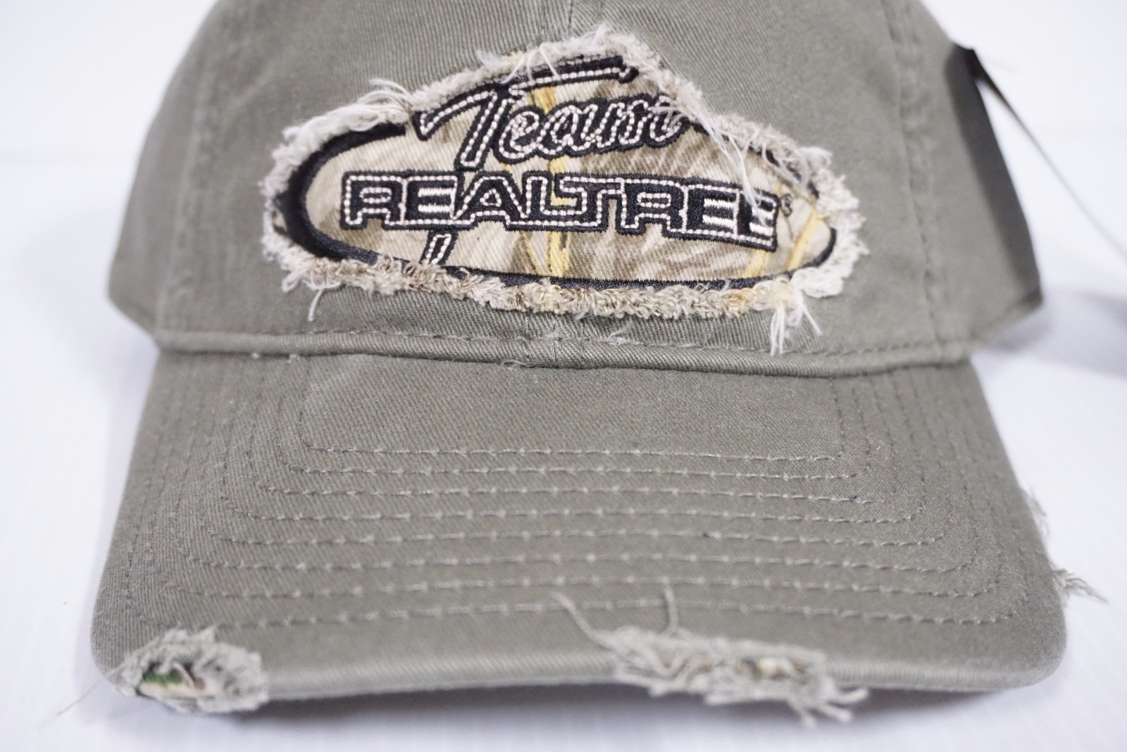 Team Realtree Distressed Adjustable Strap Baseball Hat Cap - Olive Green & Camo