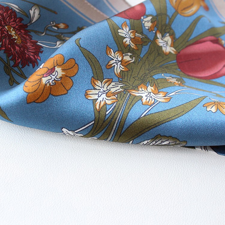100% Silk Scarf Women Blue Flower Small Hand Neckerchief Wrap Bandana 53*53cm