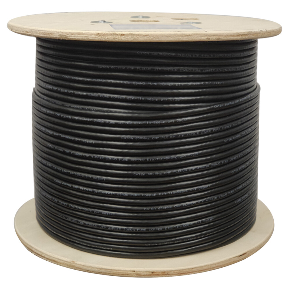 Cat6A Plenum 750 Mhz 1000ft 23AWG 100% Bare Copper Ethernet Cable UTP Black