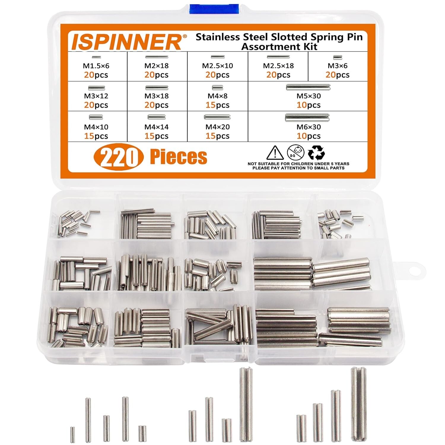 220Pcs Roll Pin Set, Stainless Steel Slotted Spring Pin Assortment Kit NEW