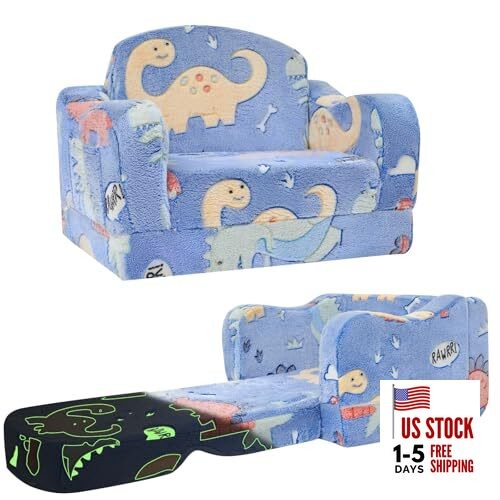 Thick Comfy Toddler Chair and Couch for Kids,2-in-1 Soft Plush Blue Dinosaur
