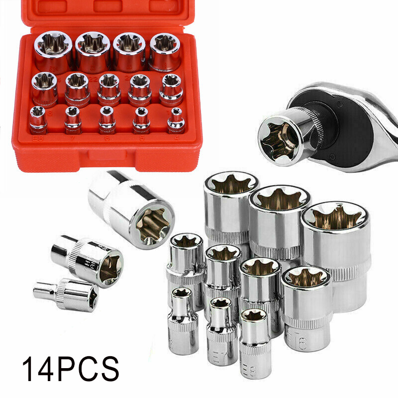 14 pc E Type Torx Star Female Socket Set 1/4" 3/8" & 1/2" Drive E4 - E24