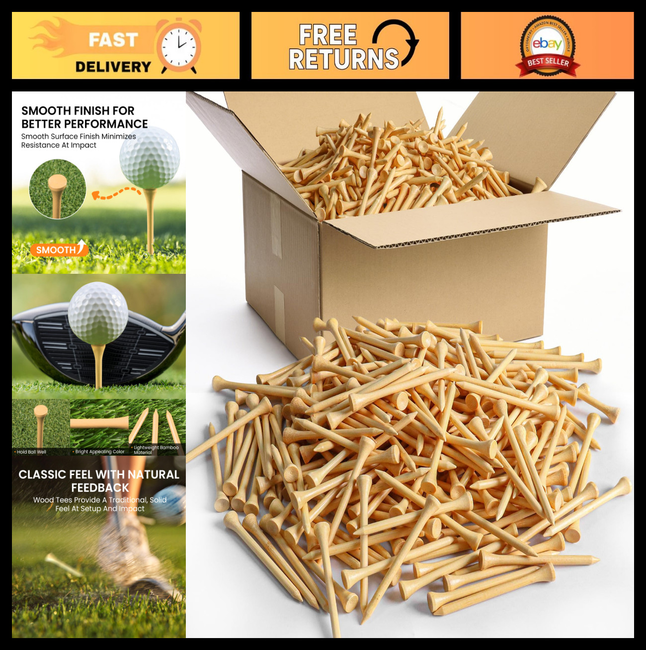 Durable Bamboo Golf Tees Bulk Set | 2.75" 3.25" 1.5" Long Short for Men Women