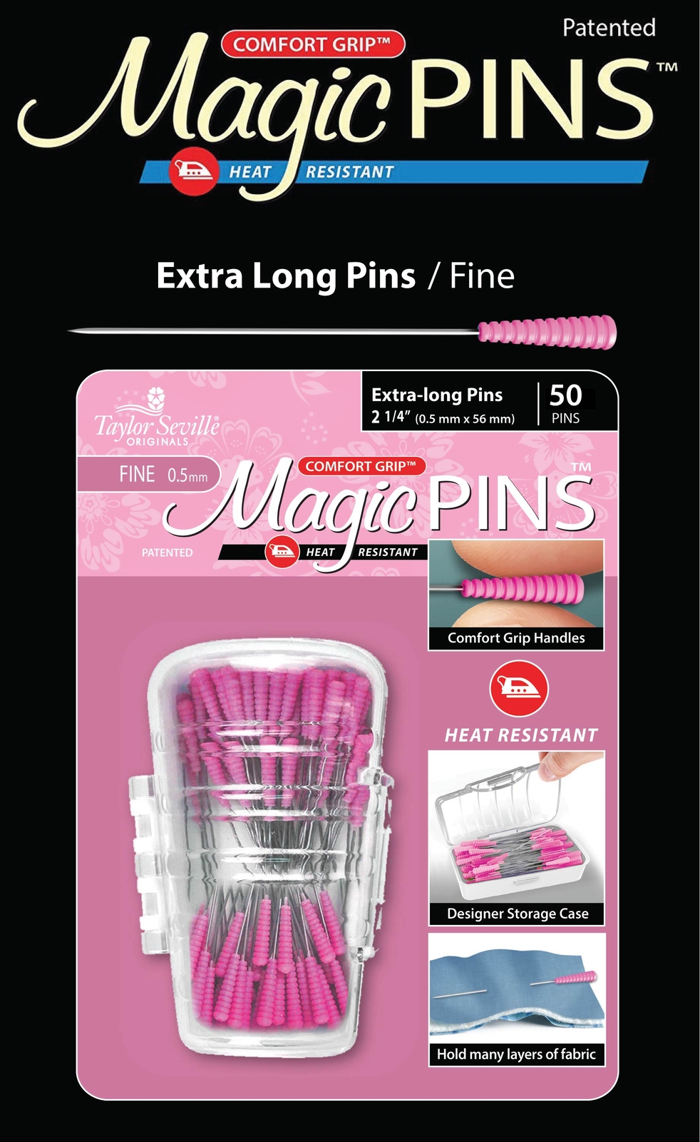 Taylor Seville Magic Pins - Extra Long Fine-Pink 50/Pkg - 2 Pack