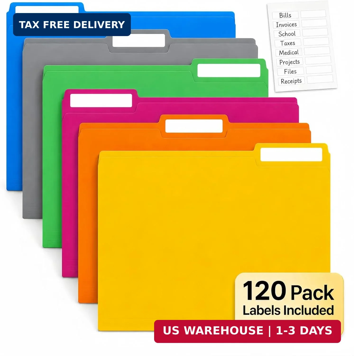 120 Pack Colored File Folders Letter Size 1/3 Cut Tab Assorted Colors