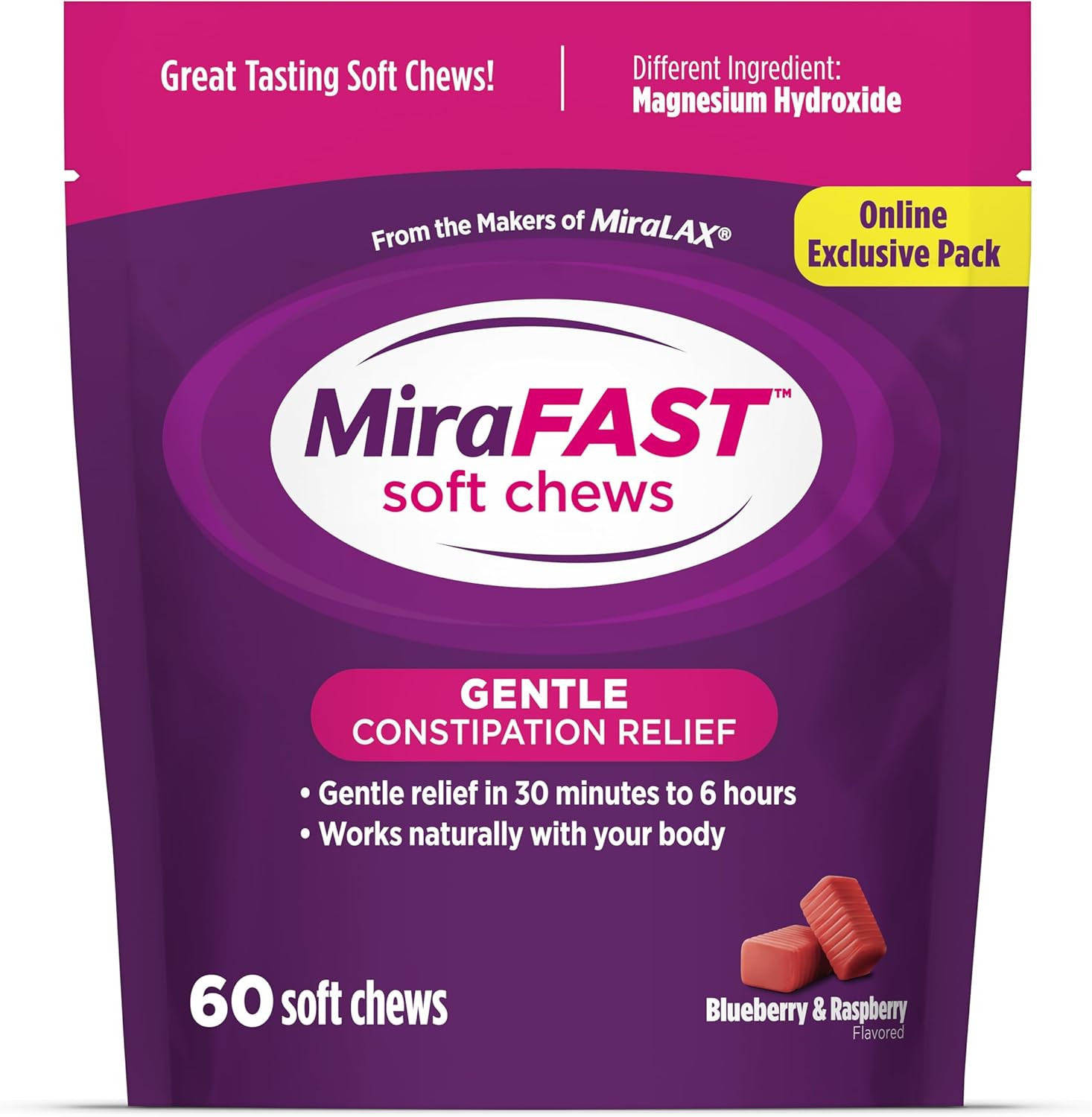Mirafast Soft Chews, from the Makers of Miralax -Blueberry & Raspberry, 60Ct