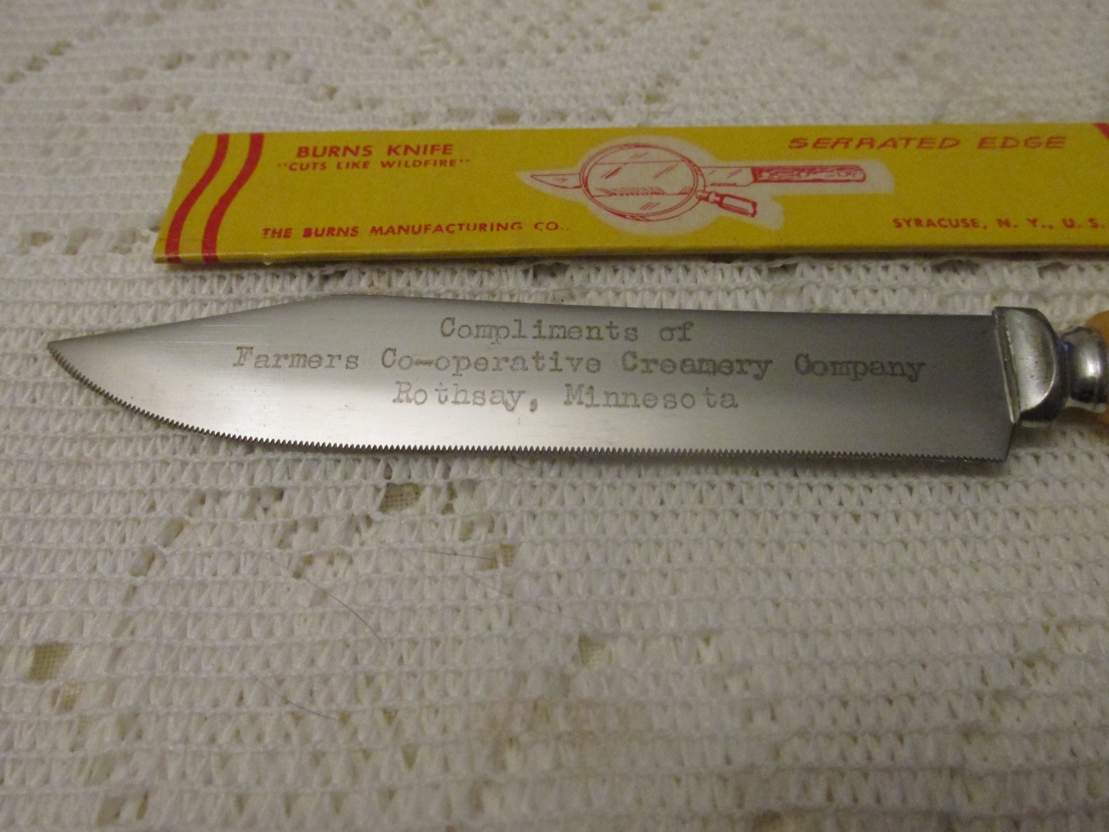 Vintage Burns Kitchen Knife - Creamery Advertising - Bakelite Handle