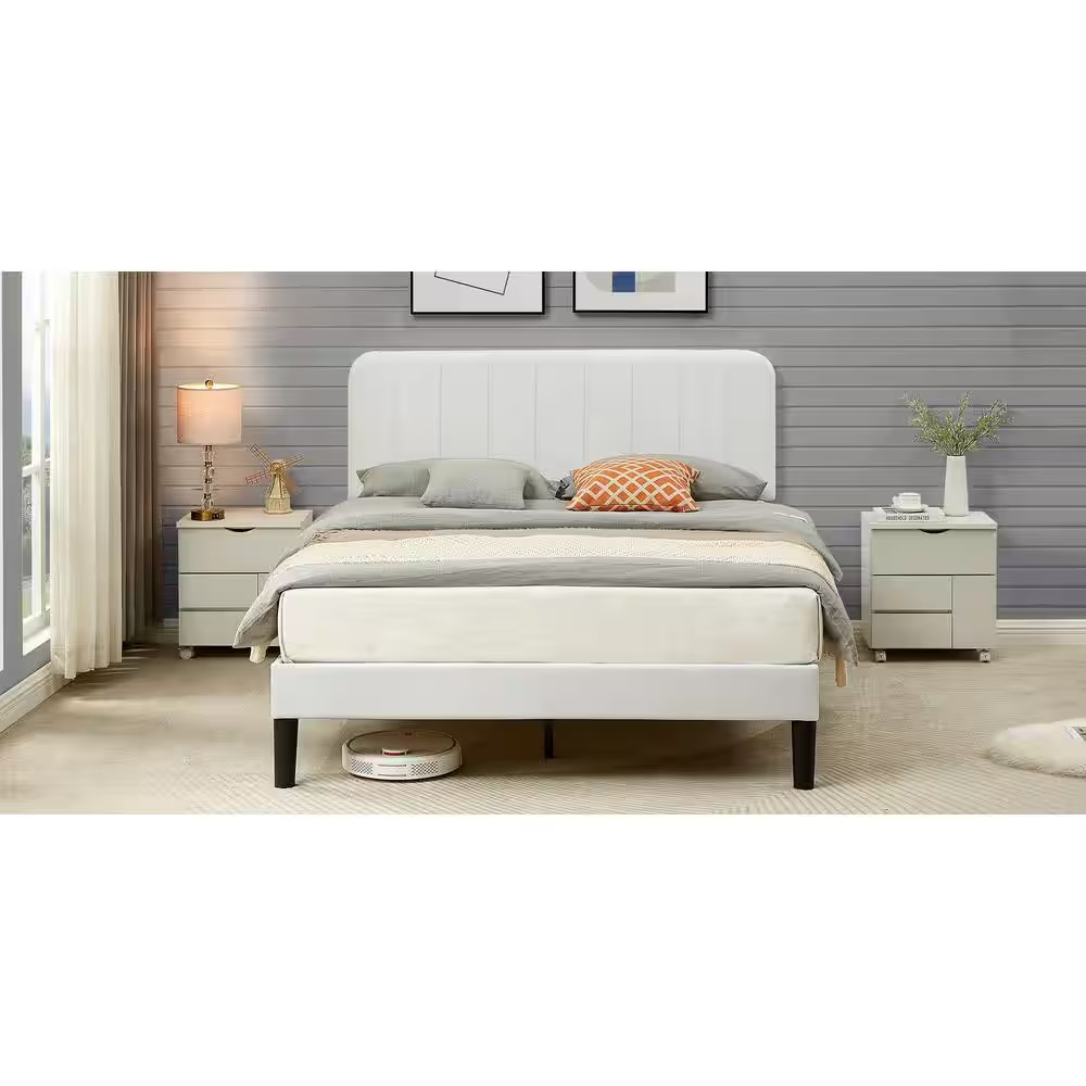 Upholstered Bed, White Queen Bed Platform Bed Frame with Adjustable Headboard, S