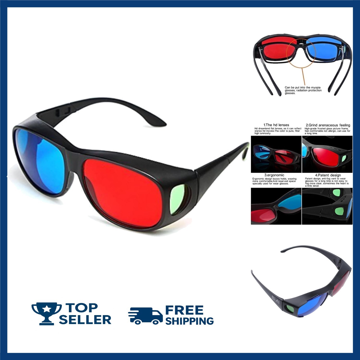 BIAL Red Blue Cyan Anaglyph 3D Glasses for Movies Games Simple Style