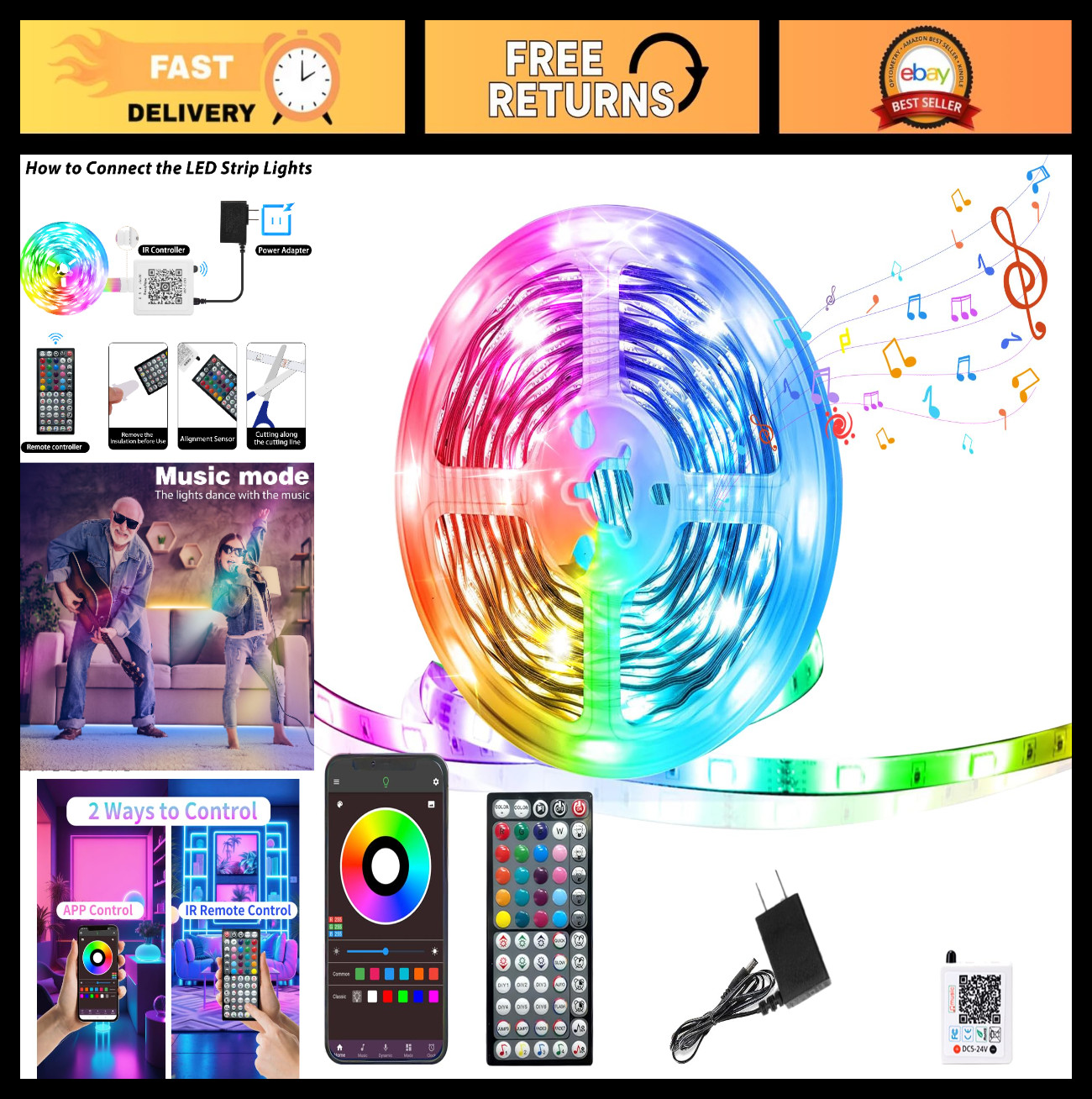 50FT RGB LED Strip Lights - Color Changing, Music Sync, Remote & App Control, DI