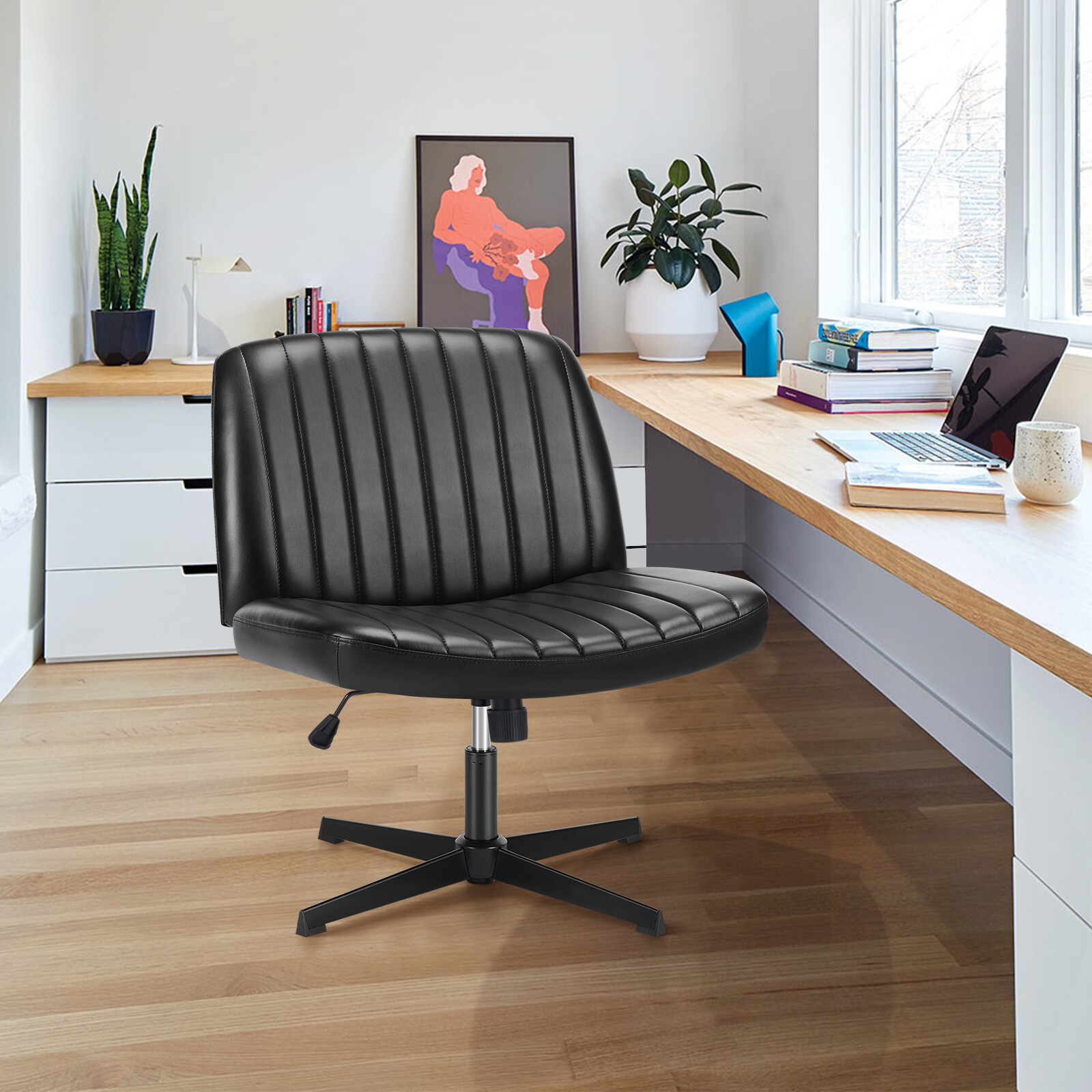 Cross Legged Chair Armless No Wheel PU Leather Height Adjustable Vanity
