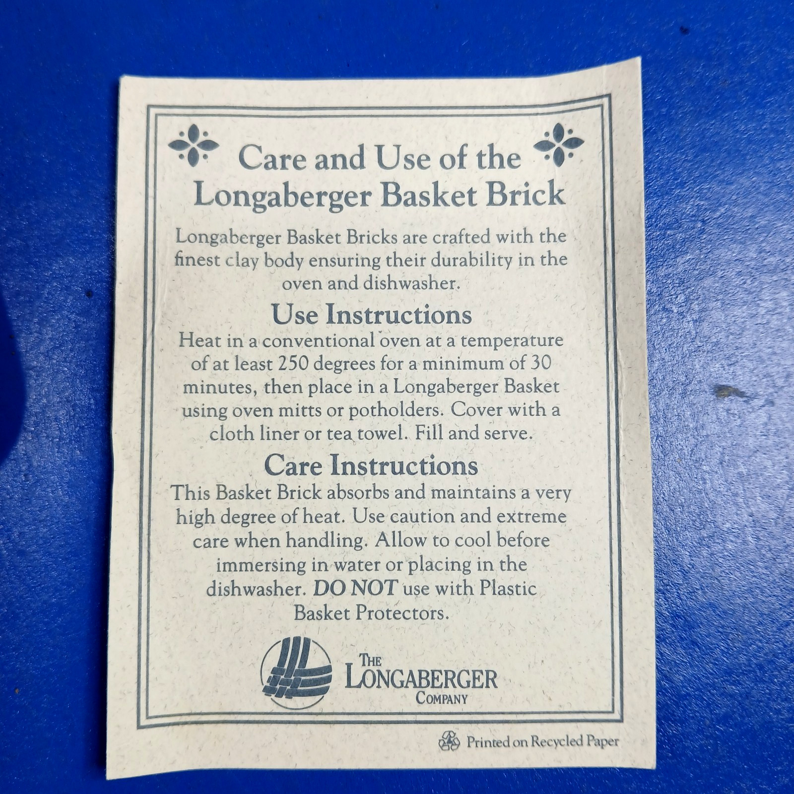 Warming Brick #30201 for Longaberger Cracker Basket w Care / Use Instructions