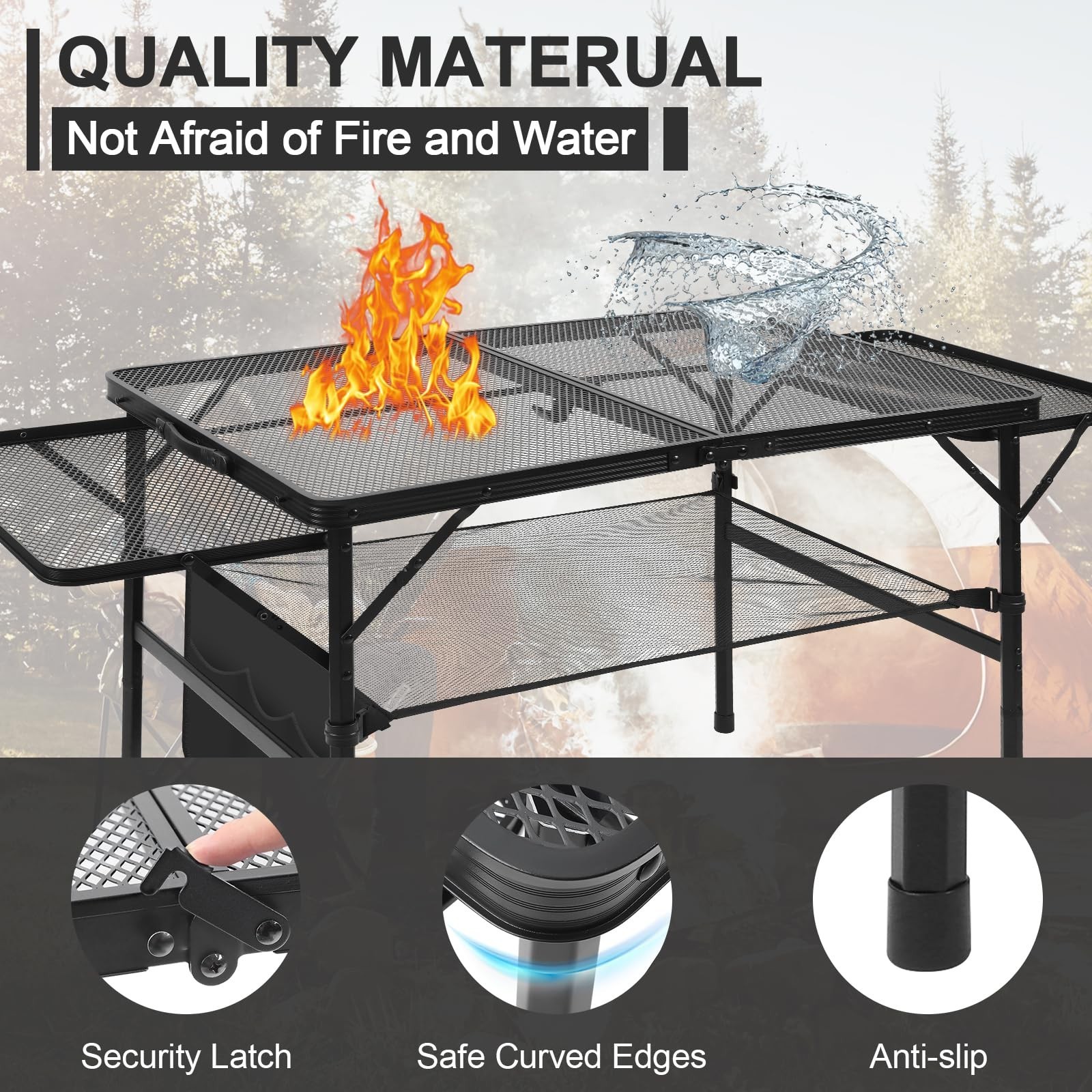 Folding Grill 4.4 FT Portable Camping Table with 2 Wing Panels, Height Adjust...
