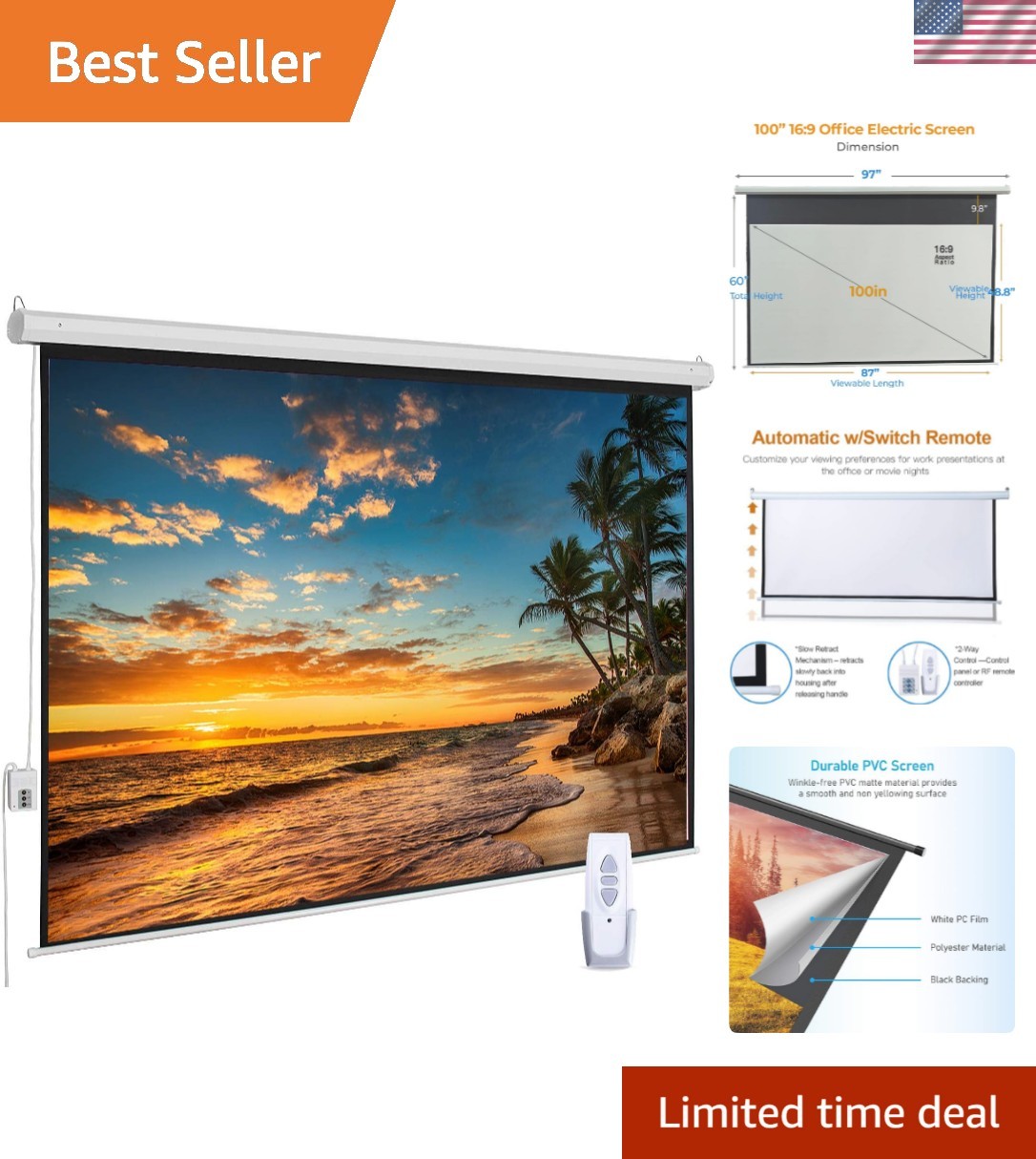 HD 16:9 Electric Projector Screen - 100 Inch, Remote & Durable Design Included