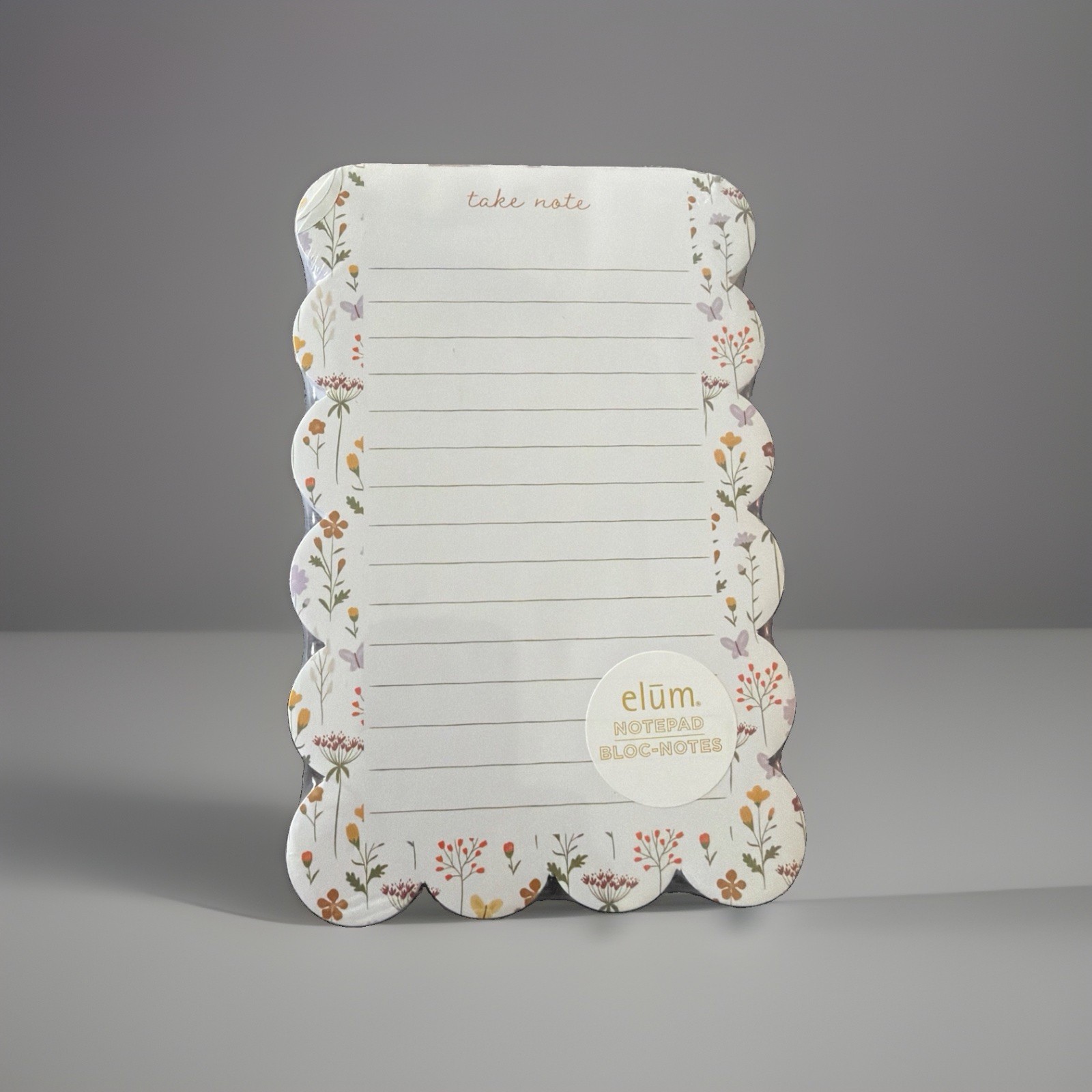 elum Floral scalloped Notepad. 100 Sheets. New, Sealed.
