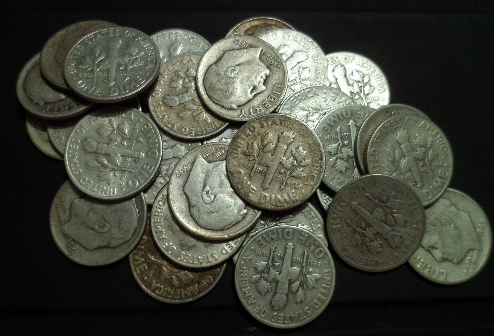 Group of five (5) 90% silver Roosevelt dimes various dates - good & better!