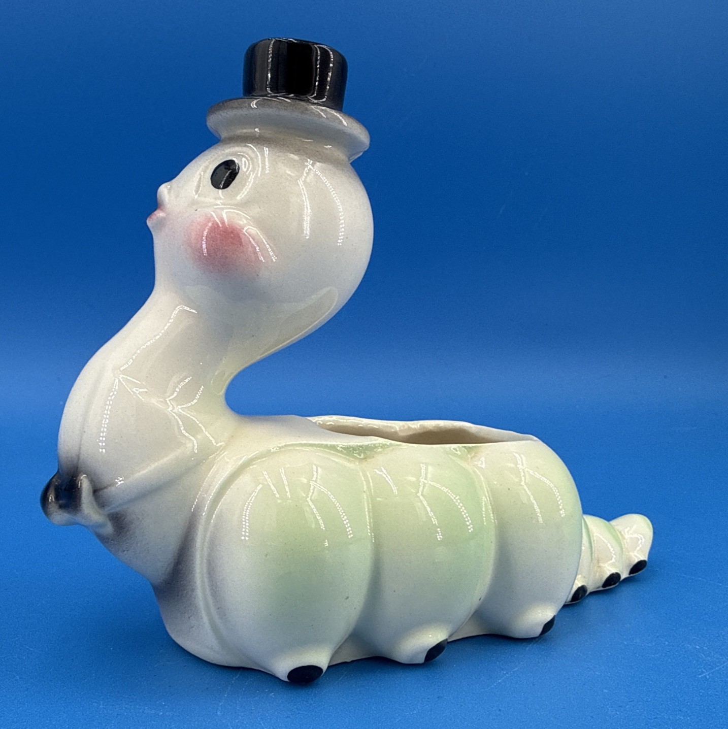 Vintage Anthropomorphic Caterpillar Planter Ceramic Figurine Worm Top Hat Bowtie