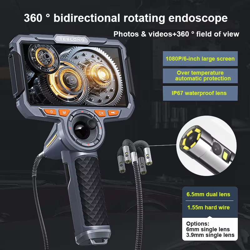 3.9mm/6.5mm 4-Way HD Lens Articulation Borescope Inspection Camera 6'' Monitor