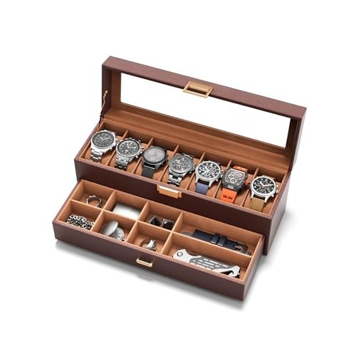 Watch Box 7-Slot Men 2-Layer PU Leather Glass Display Case W/ Jewelry Drawer