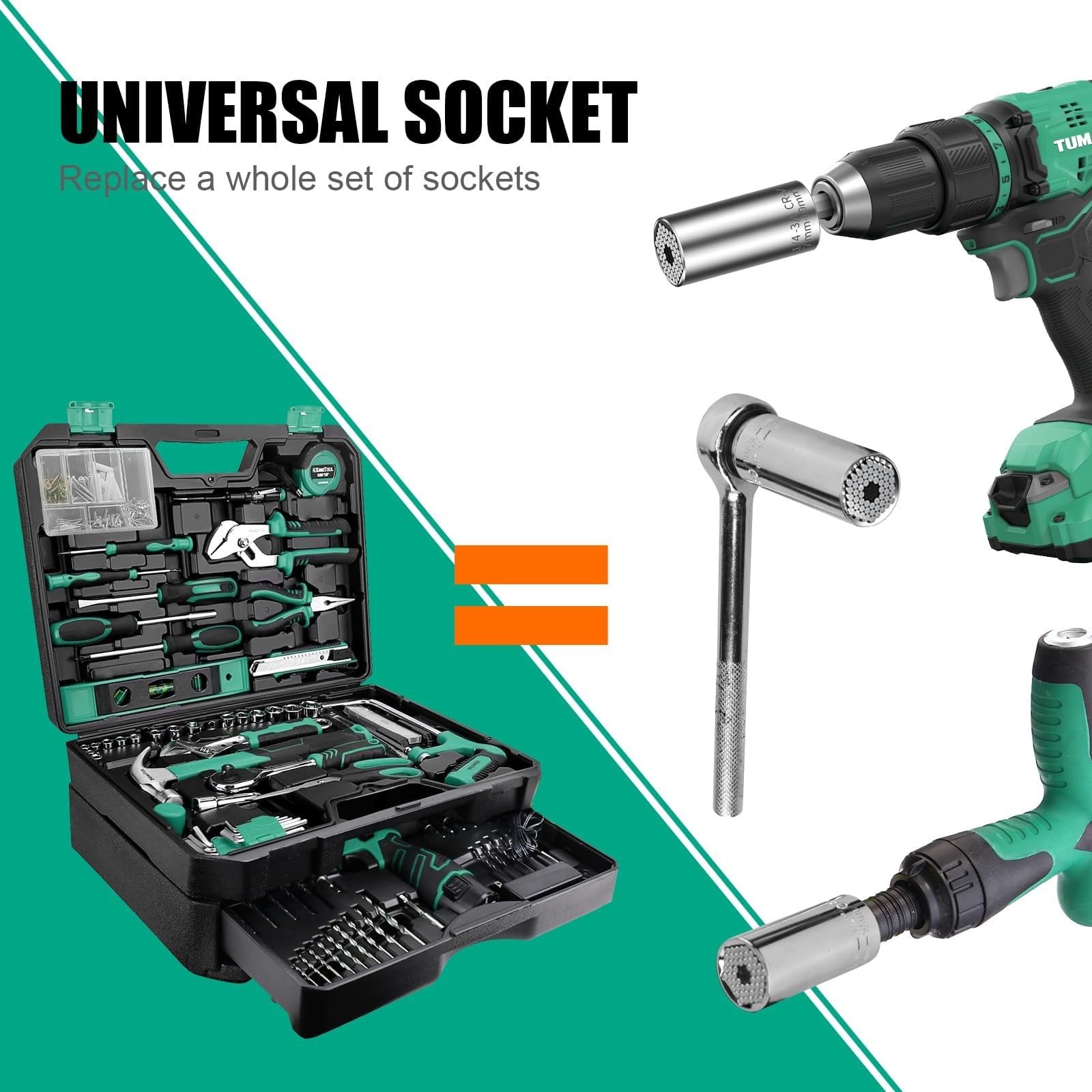 2 Pack Universal Adjustable Socket Wrench Set 7-19mm w/Drill Adapter