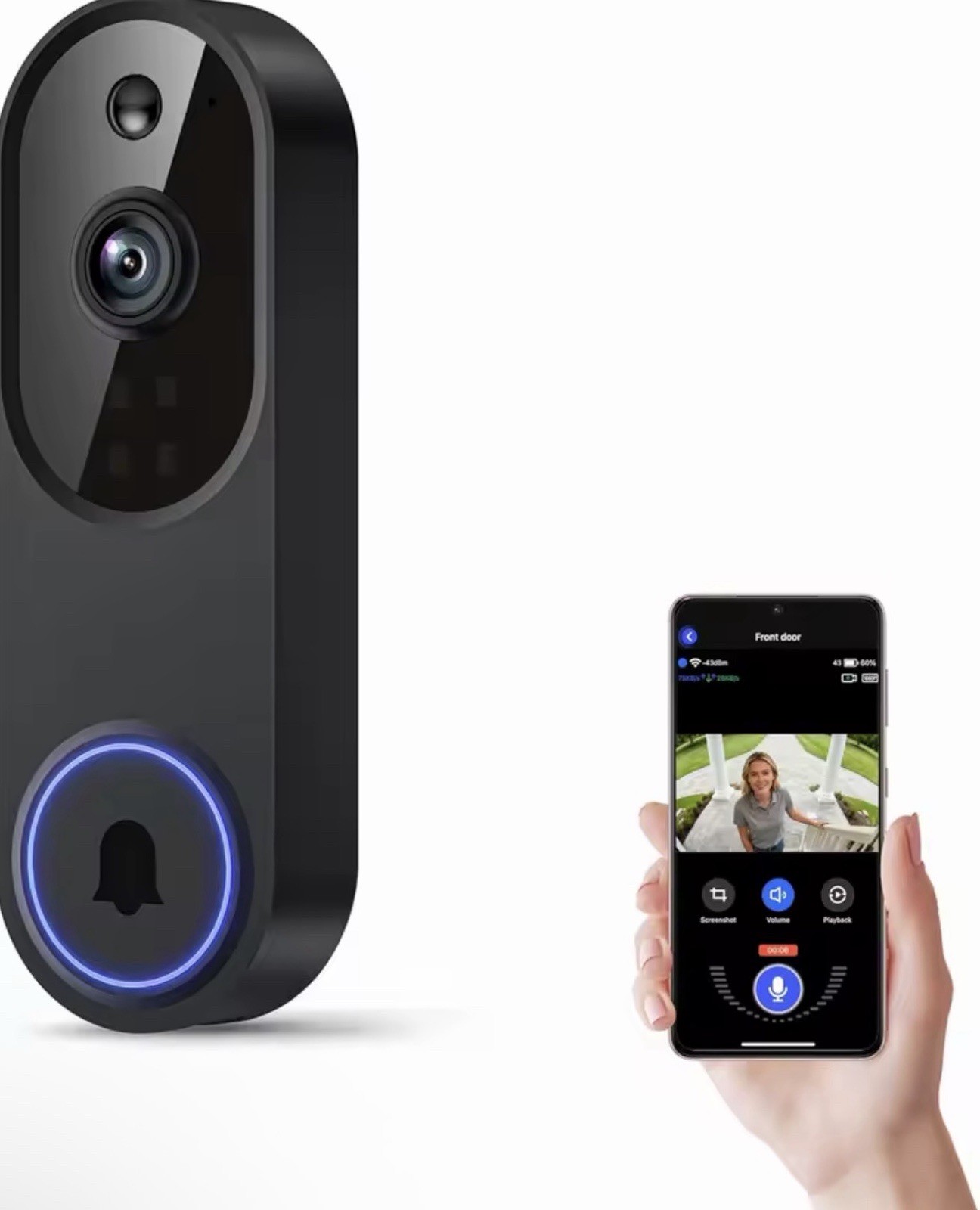 Wireless Wi-Fi 1080p Video Doorbell Camera Black Two-Way Talk Night Vision
