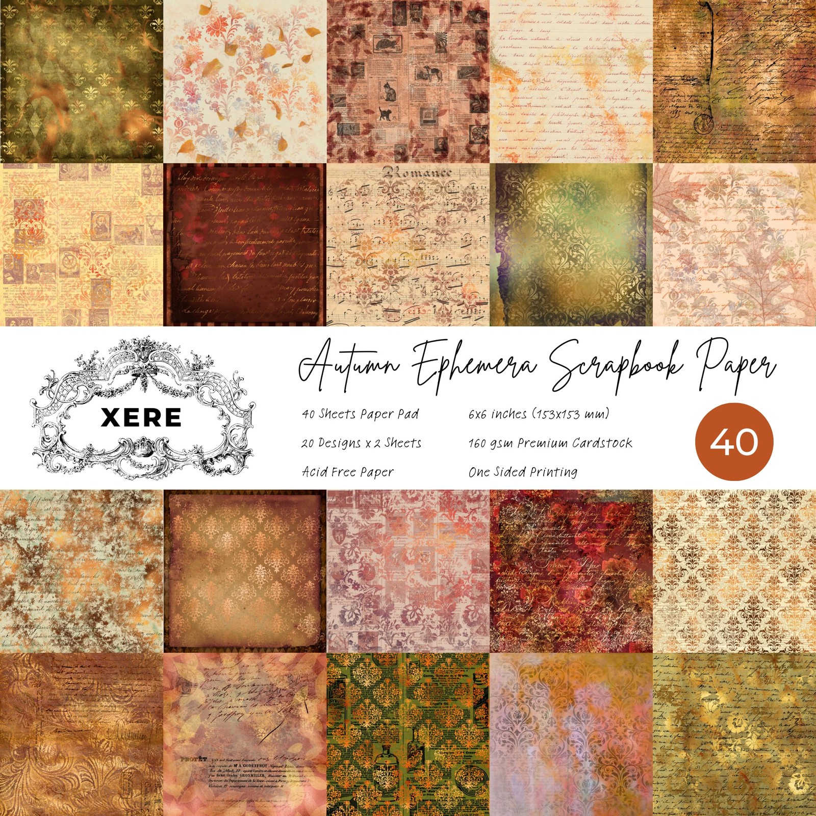 XERE 40 Sheets Autumn Scrapbook Paper, 6x6 Ephemera Pattern Paper Pack
