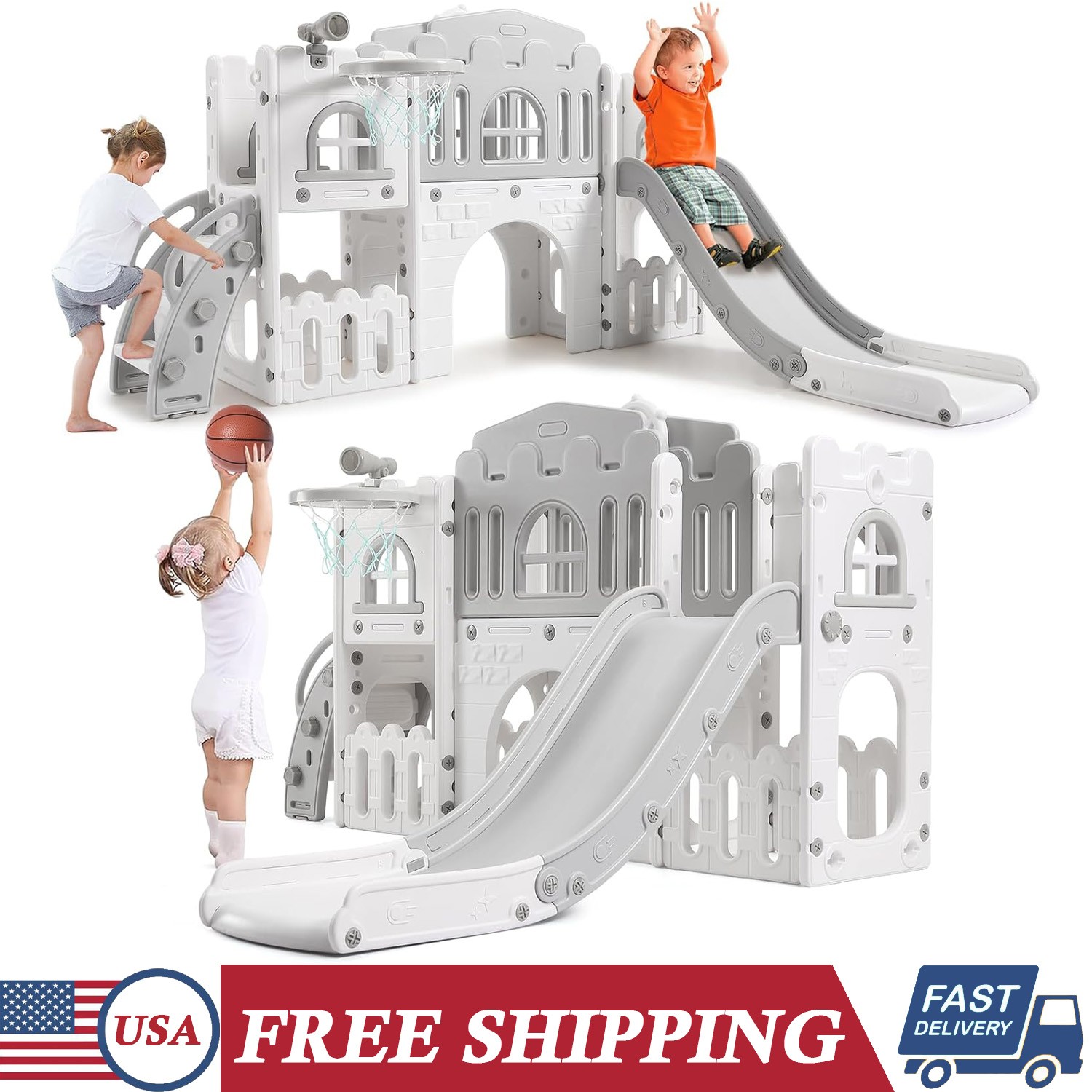 8 in 1 Toddler Slide Playset Kids Indoor Outdoor Playground with Basketball Hoop