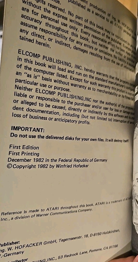 Program Descriptions I For Hofacker Software For Atari Computer First Edition