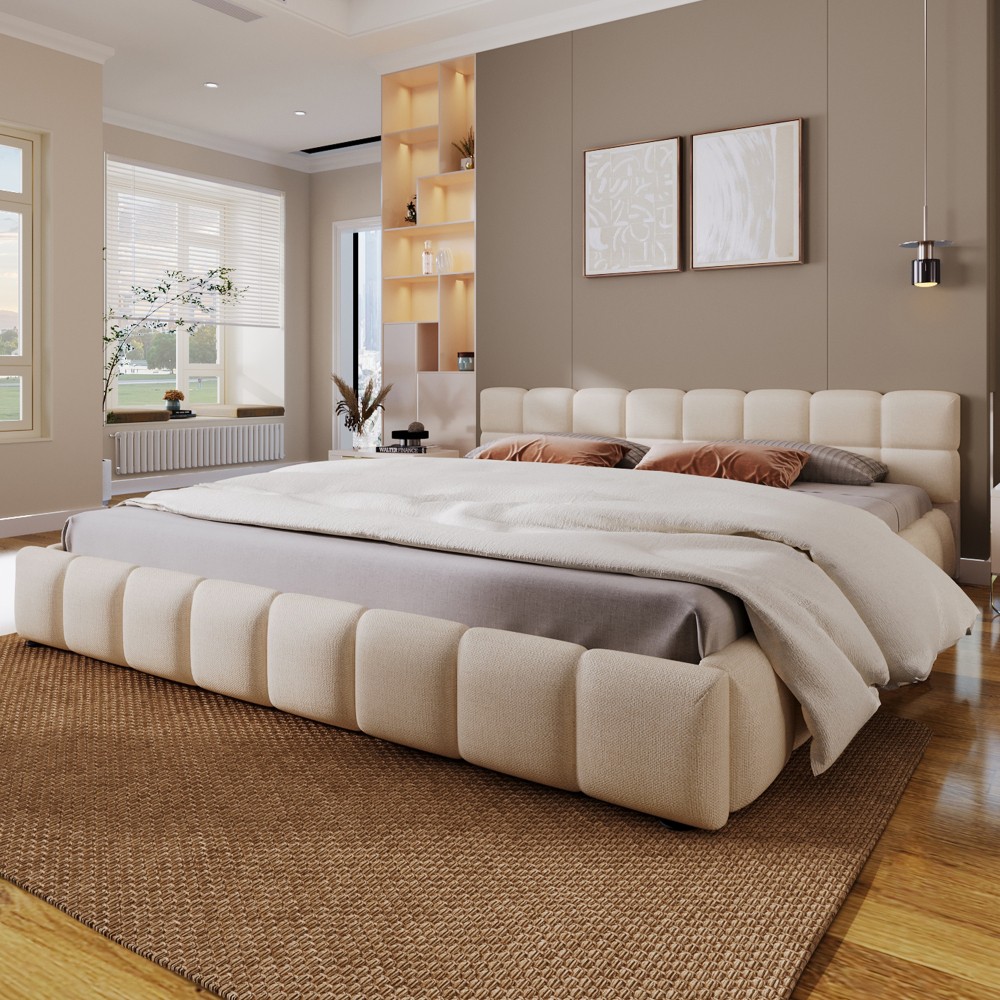 King Size Chenille Upholstered Bed w/ Checkerboard Headboard, Beige