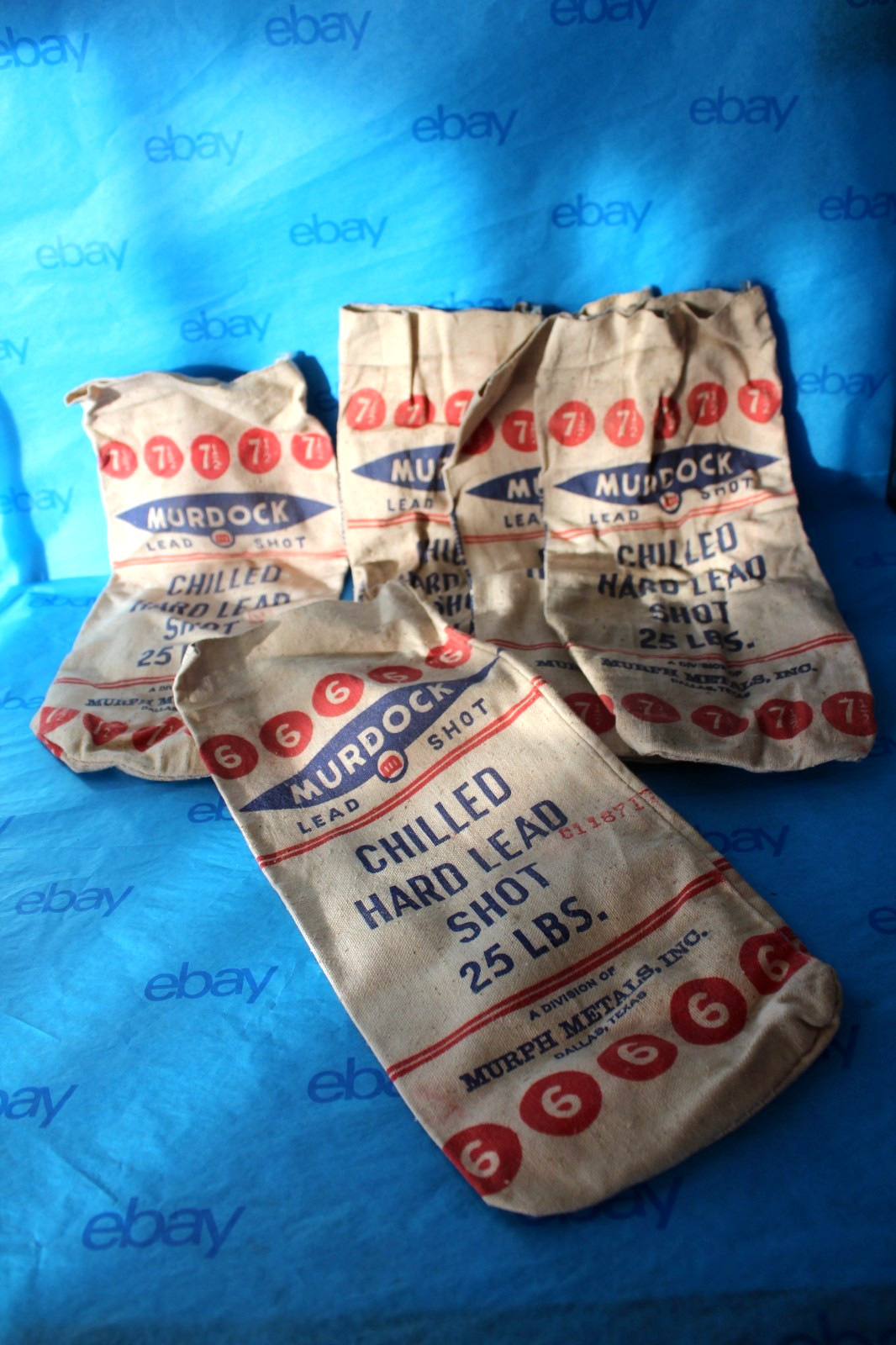 Vtg Lot Of 5 Murdock 25 Lb Canvas Shot Bag One #6 Four #7 1/2 Chilled Lead Shot