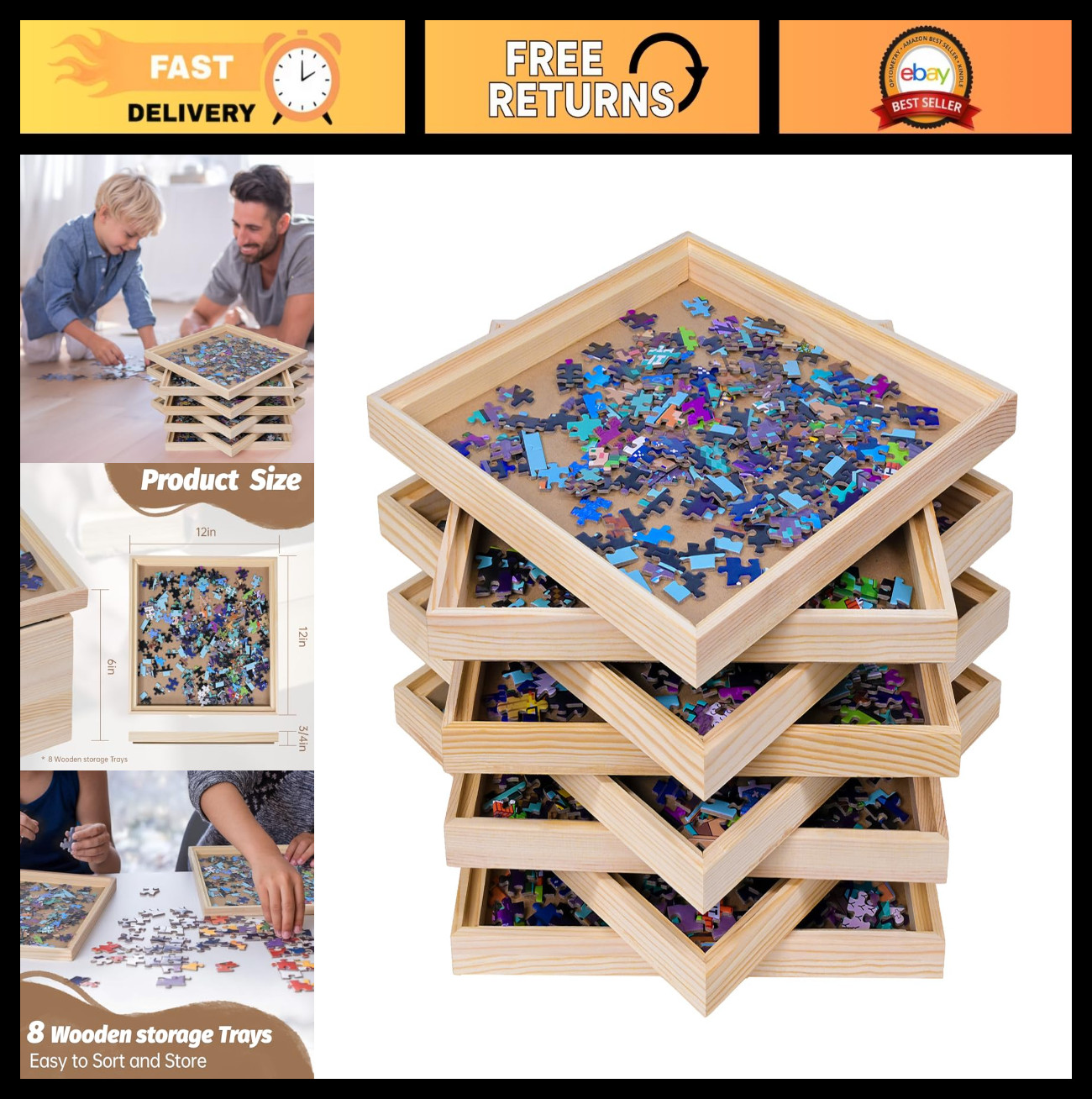8 Pcs Stackable Jigsaw Puzzle Sorting Trays - 12"x12" Easy Storage for 1500-3000